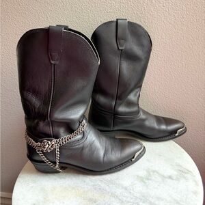 Black Leather Cowgirl Boots with a Boot Chain